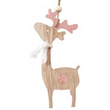 Χριστουγεννιάτικoς Ξύλινoς Τάρανδος με Ροζ Κέρατα και Αστεράκι (15cm)